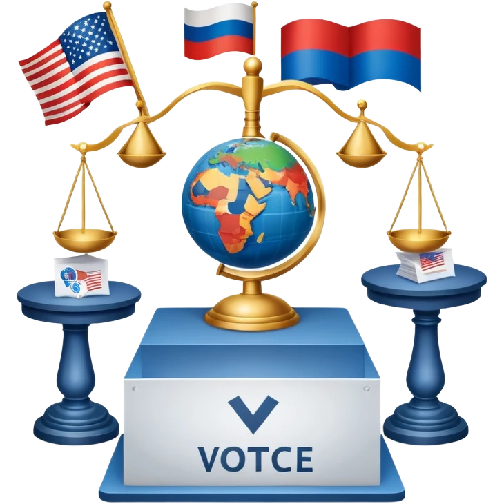 icon featuring podium with a speaker,russian and american flags, and voting ballots. The design includes a globe and scales of justice in the background, representing governance, global affairs, and political theory. Transparent background emphasizes civic engagement and policy. emoji