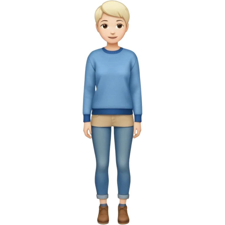 woman full body standing short pixie hair jeans sweater smile emoji