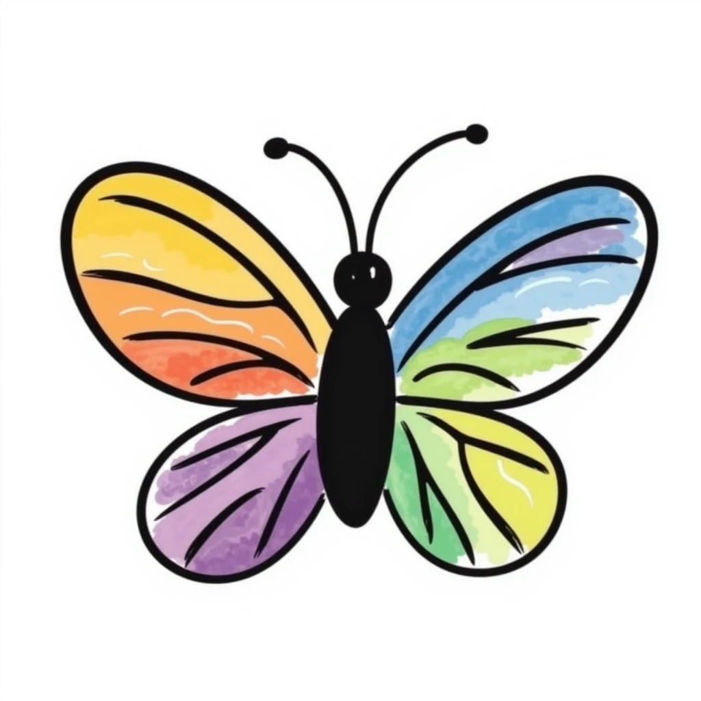 colorful butterfly in childlike crayon doodle style, centered, isolated on white background emoji