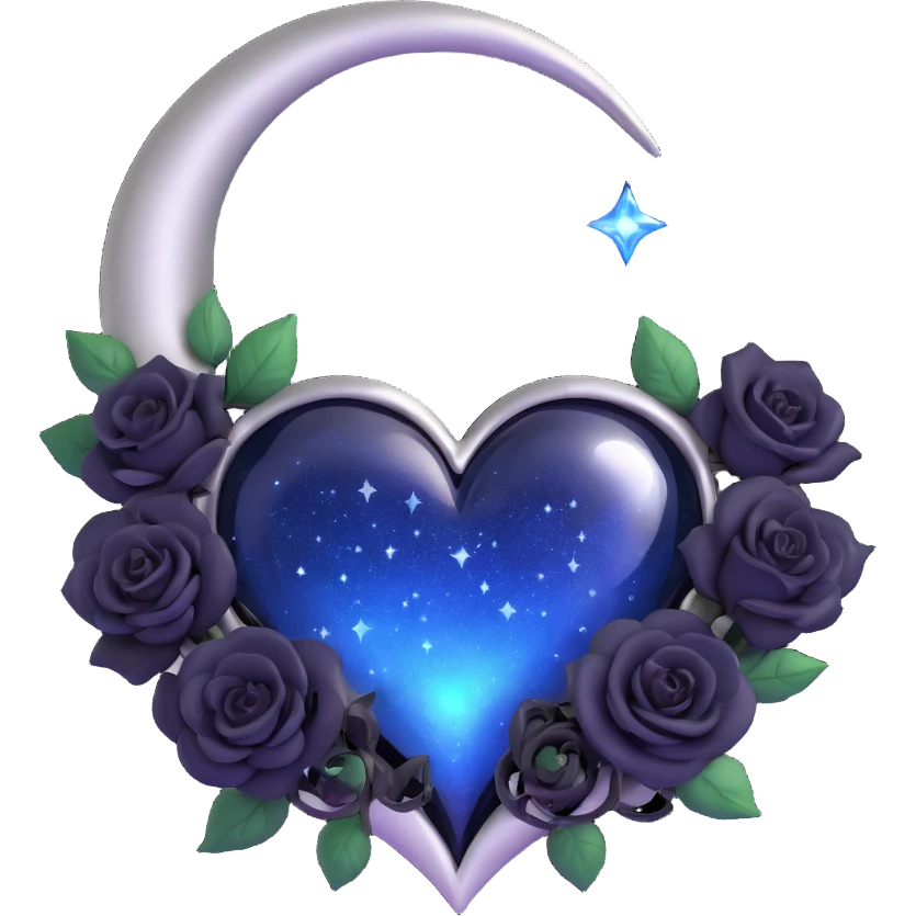 gothic heart, midnight blue glass, silver crescent moon, tiny black roses, shimmering stardust, glowing neon outline emoji