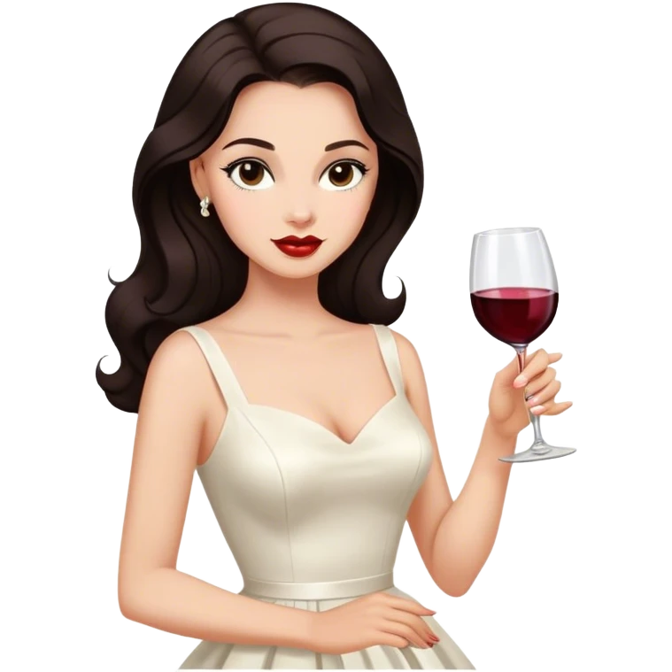 Beautiful woman in 1950’s woman fashion look, white dress, long hair, wine, dark brown hair emoji