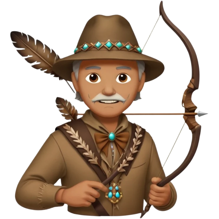 The classic image of a middle-aged uncle hunter carrying a bow, dressed in brown clothes, with some ornaments made of feathers, bones or teeth on his body. emoji