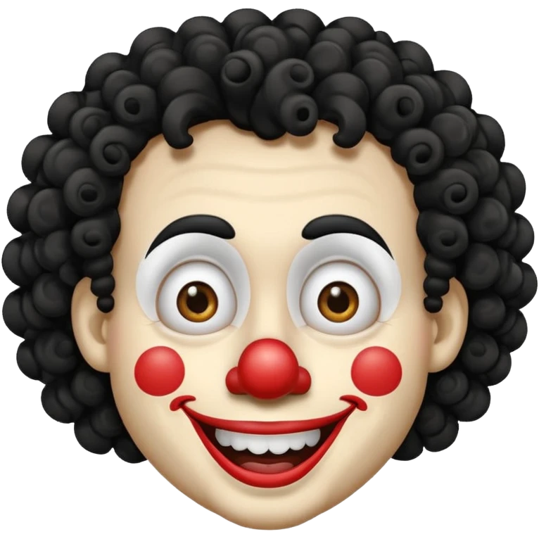 generate clown emoji with a big curly black hair 

wide black smile, long and pointy white nose emoji