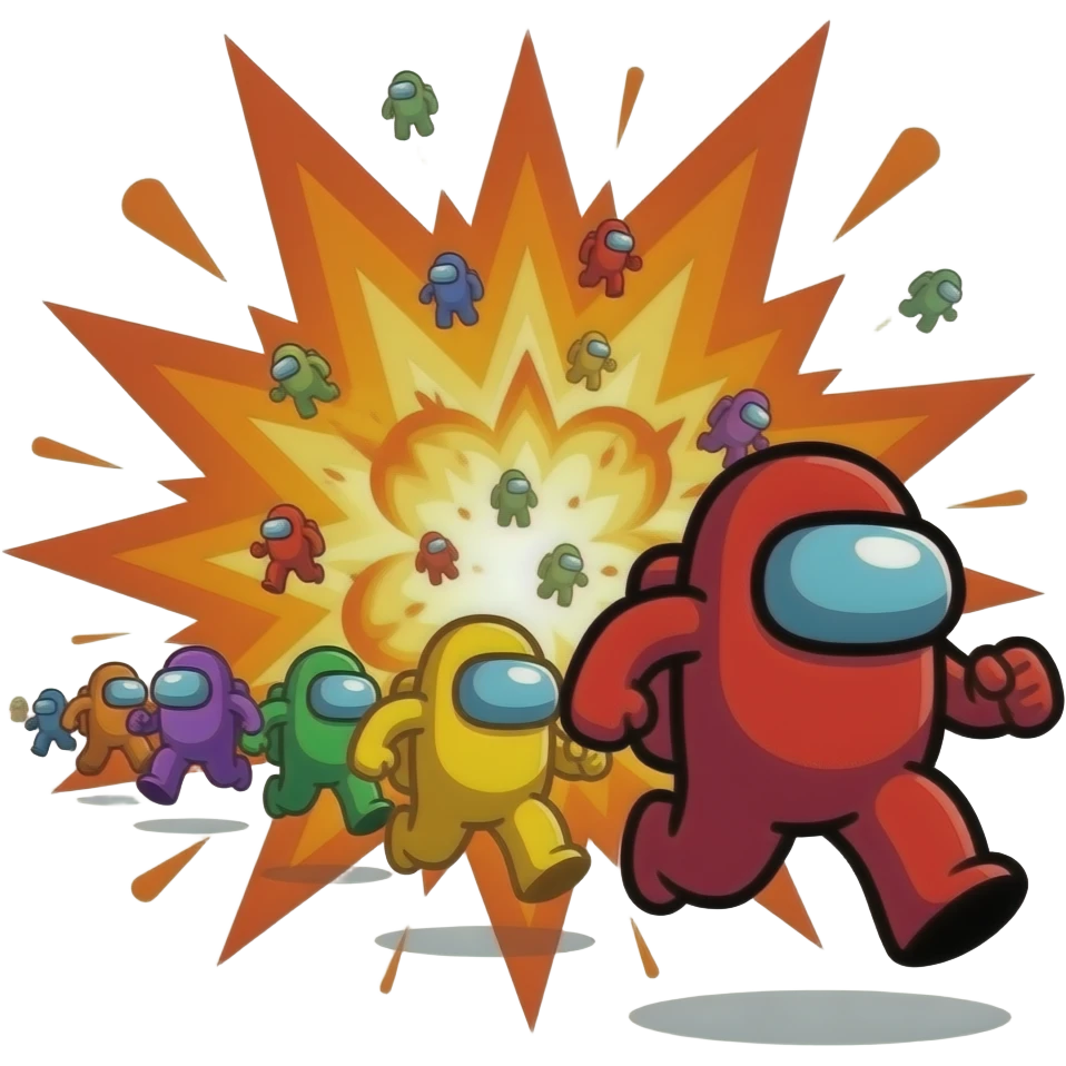 Among us com 100 jogadores correndo de uma explosão emoji