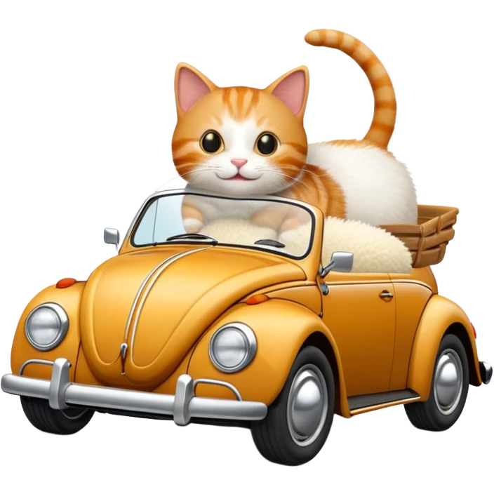 A cat driving a Volks wagen beetle emoji