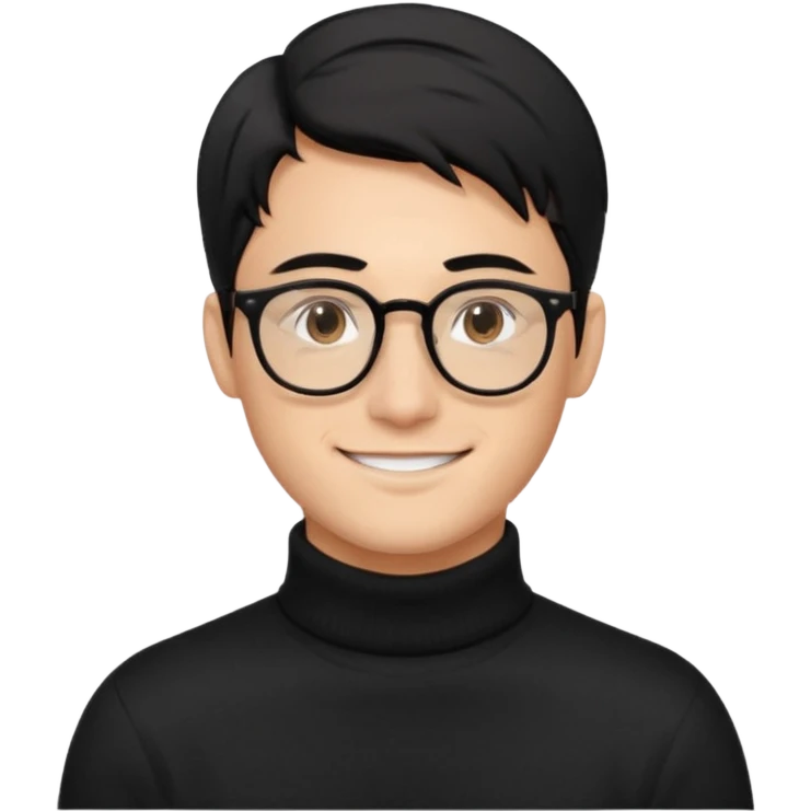 Создай эмодзи, мужчина, 26 лет, стрижка side-part, чёрные волосы, карие глаза, чёрный свитер-гольф, смуглый цвет кожи, очки, улыбается emoji