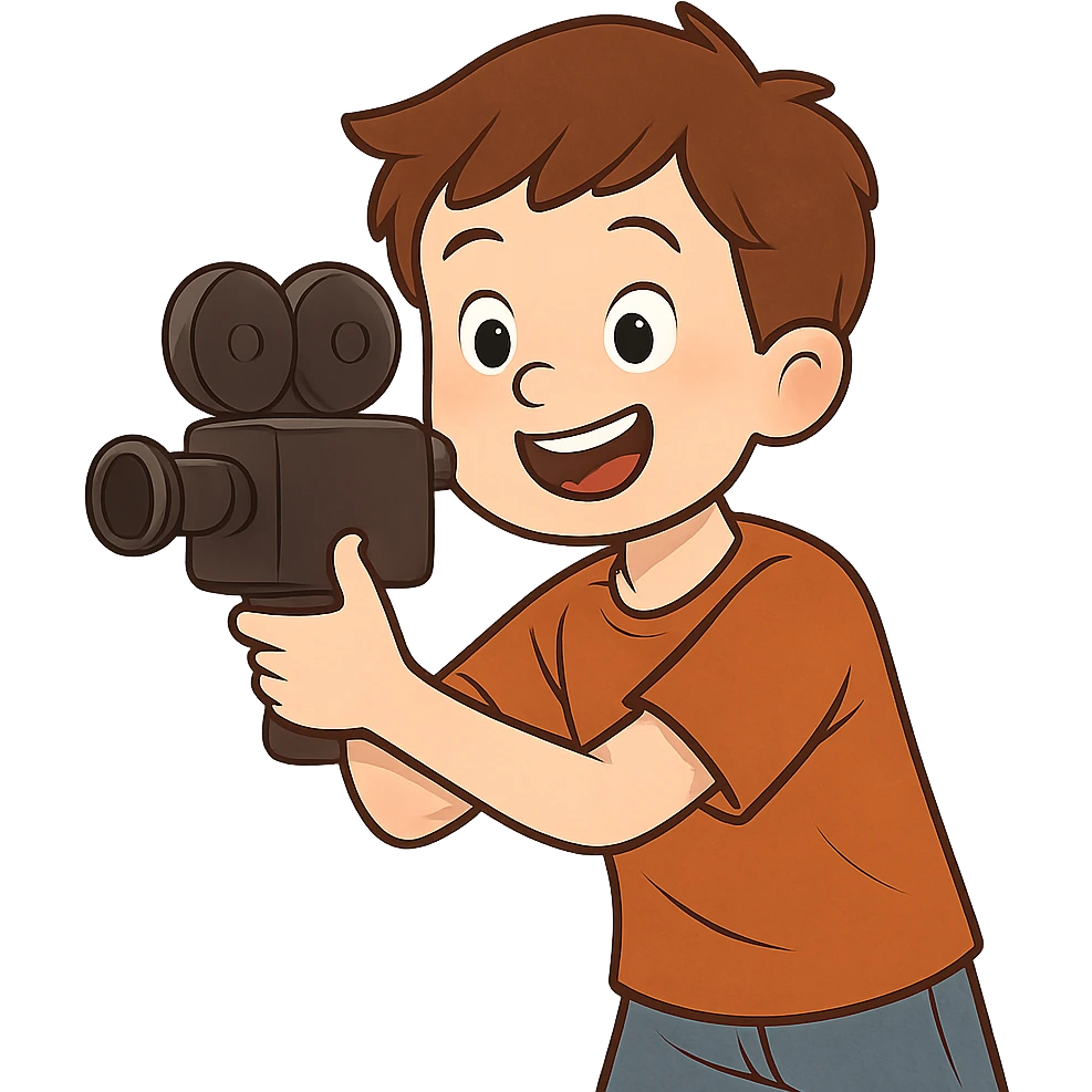 a young boy filming a movie, holding a camera, cheerful expression, simple background emoji
