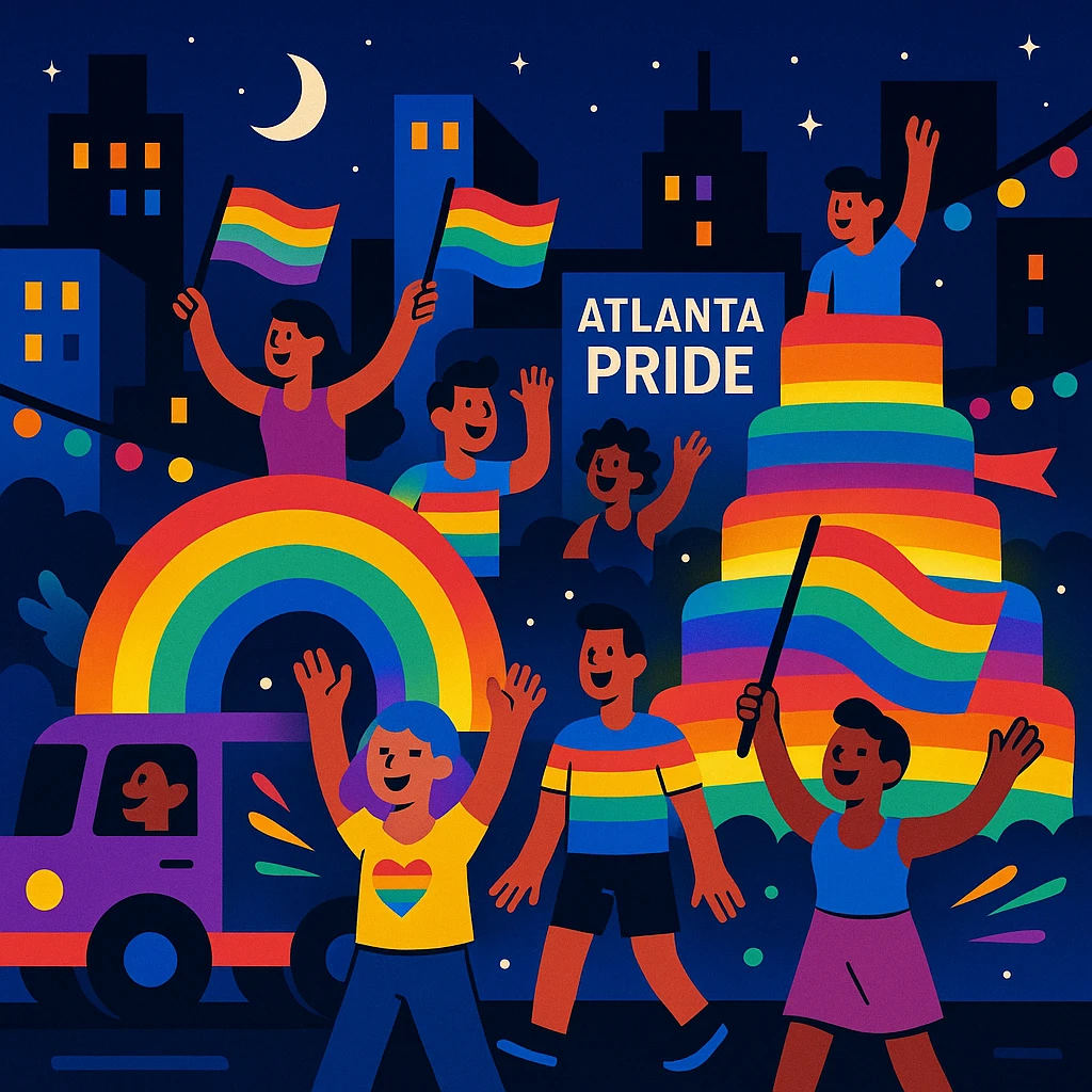 Cartoon night scene at Atlanta Pride, with glowing floats, rainbow lights, and cheerful people emoji