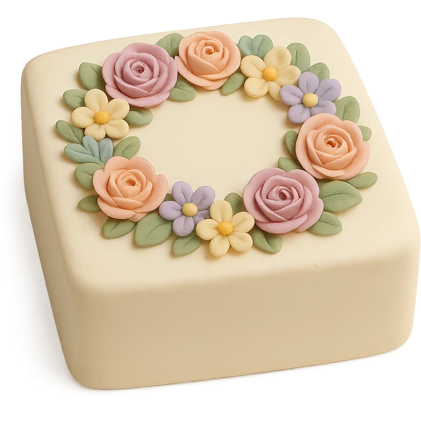 square fondant cake with floral wreath emoji