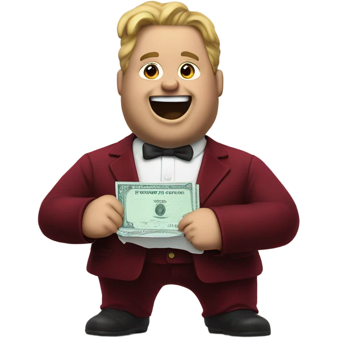 fat guy in dark red velvet suit holding cheque emoji