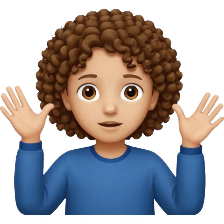 A kid with curly hair with both hands facing up saying 67 emoji