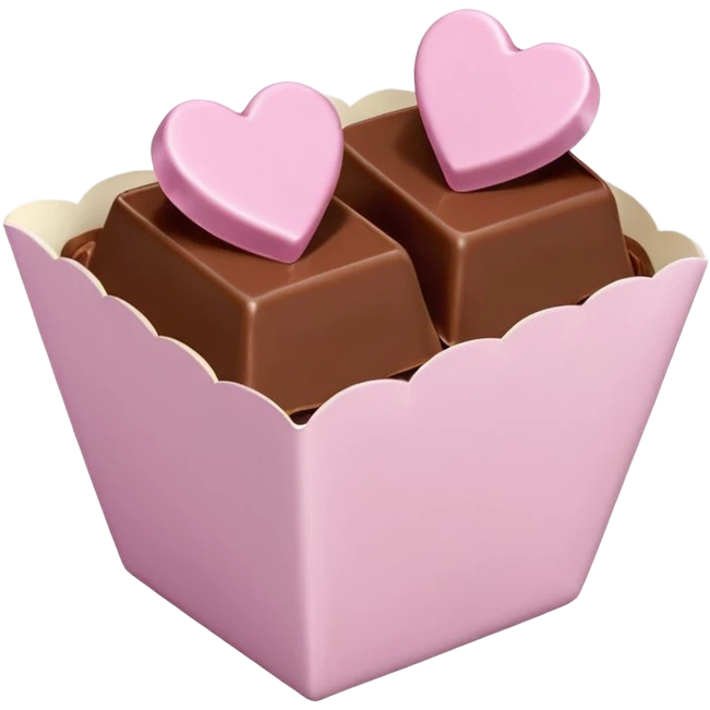 Two square milk chocolate , Each praline is a sharp-edged cube with smooth glossy chocolate coating, placed in a small white fluted paper candy cup. On top of each cube is a flat pastel pink heart-shaped icing emoji