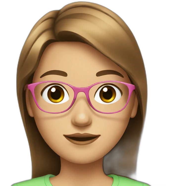 teen girl with brown square hair, green eyes, pink gold glasses emoji