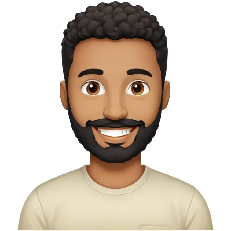 Man in his 30s with medium brown skin. Round face with friendly expression. Dark eyes with cheerful look. Thick eyebrows. Wide nose. Full black beard, well-trimmed. Short curly black hair with fade cut. Wearing a cream t-shirt. Big smile. emoji
