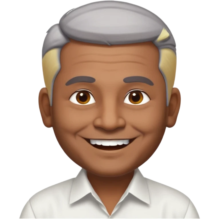 50 yr old indian man, dark skin, grey hair, big smile, white teeth, chubby, no moustache, clean shaven, young style hair, hair brushed back, 5 oclock shadow, bindy on forehead, dress shirt emoji
