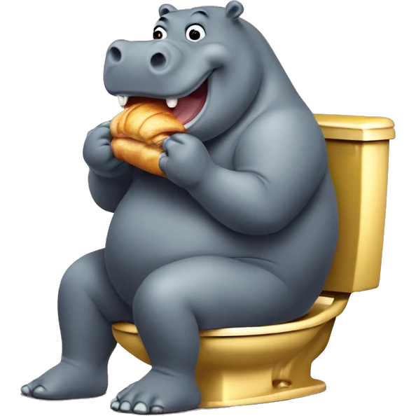Fat hippopotamus eating a moly croissant while sitting on a golden toilet emoji
