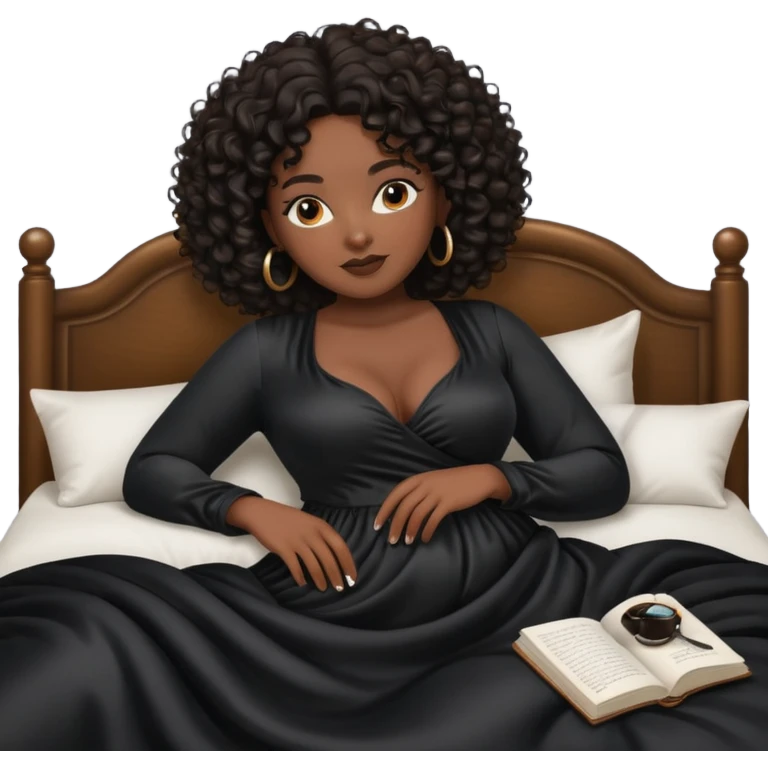 black woman bigger breast emoji curly hair darker. make her a little older. make her lying down in bed. bigger breasts black clothes emoji