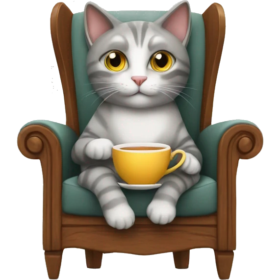 cat drinking tea looking at camera sitting in a chair emoji