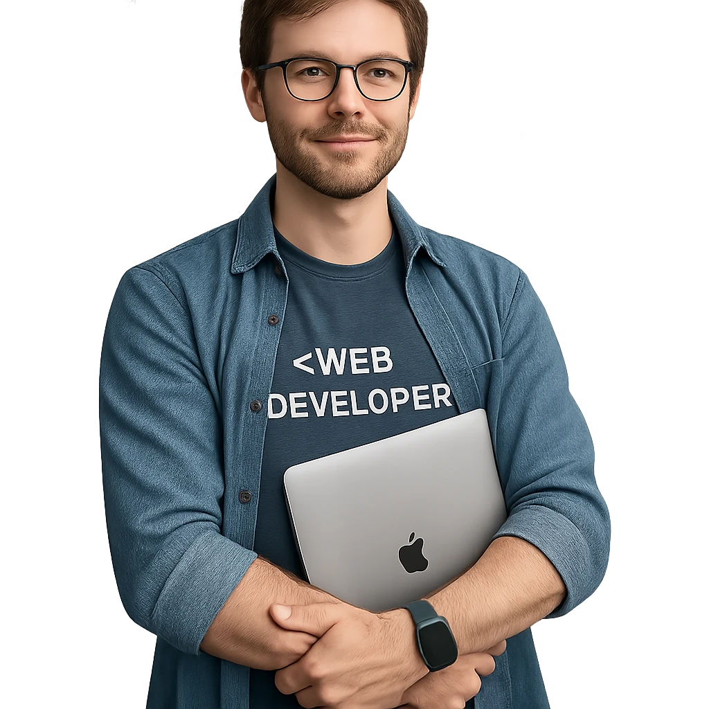 web developer, brown hair, arms folded, MacBook in arms, casual outfit, tech vibe, relaxed, professional emoji