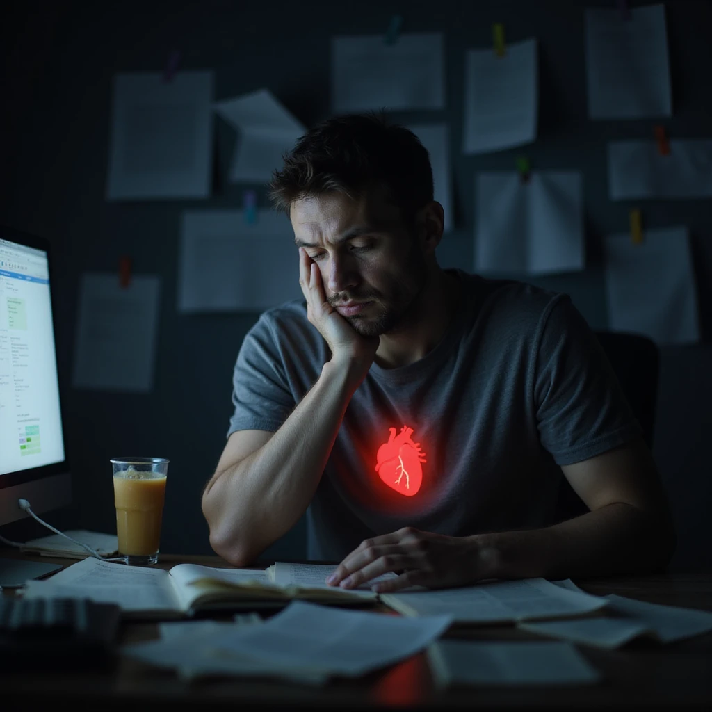 realistic exhausted man at desk late night, paperwork everywhere, energy drinks, glowing monitor, face shows fatigue, dark circles, hunched posture, faint red glow on heart, moody burnout health risk visual emoji