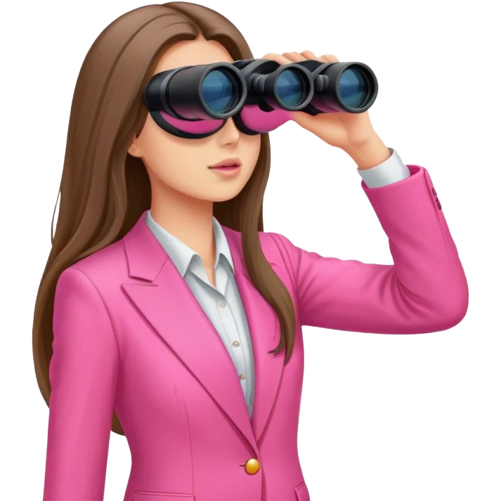 woman with long hair in an intensive color pink suit looking through binoculars, front viewi emoji