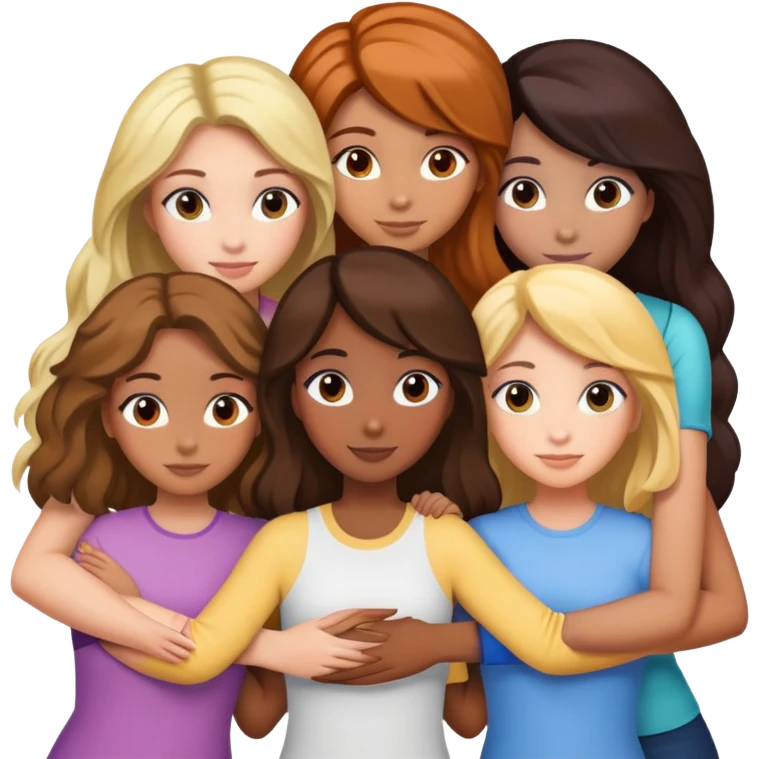 six girl friends, arms around each other, with the specified hair, eye, and skin color diversity emoji
