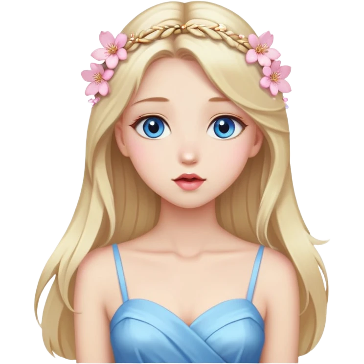 Girl with long blond hair and sakura accessories on her hair with a long dress and have blue eyes beautiful finish and she sending lovely kisses  emoji