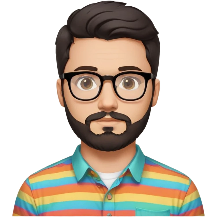 a 30-year-old man with light skin, medium solid build, wide face, soft cheeks, rounded jawline, neutral relaxed expression, short dense full beard, wavy voluminous brown-black hair at the front, large rectangular black thick frame glasses, colorful button-up shirt open showing white t-shirt emoji