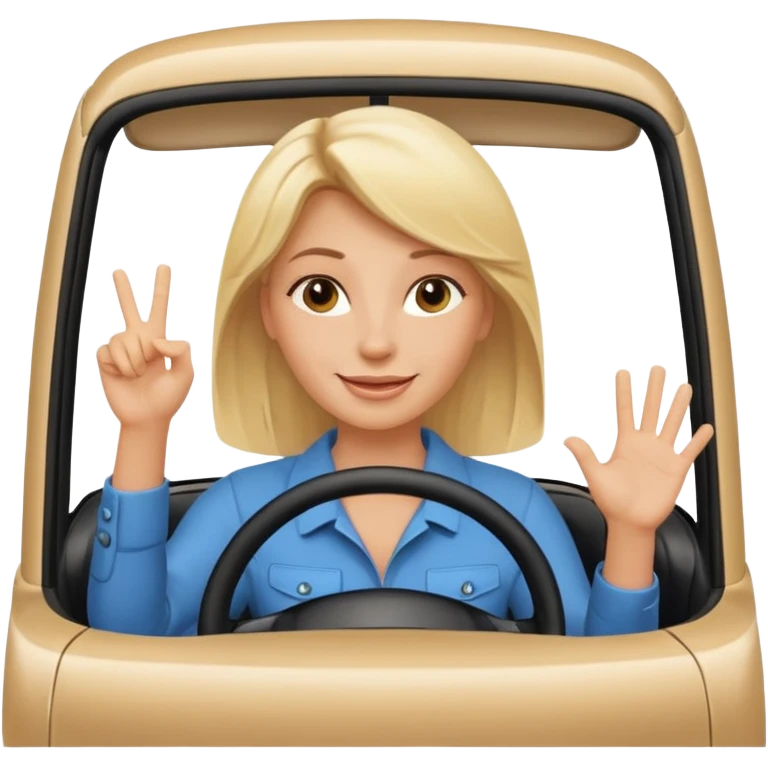 blonde woman driving car. one hand up Happy face confidence emoji