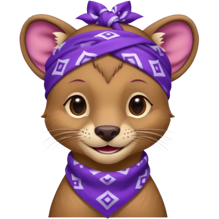 
Fossa animal in a purple bandana with white patterns on the forehead smiley emoji