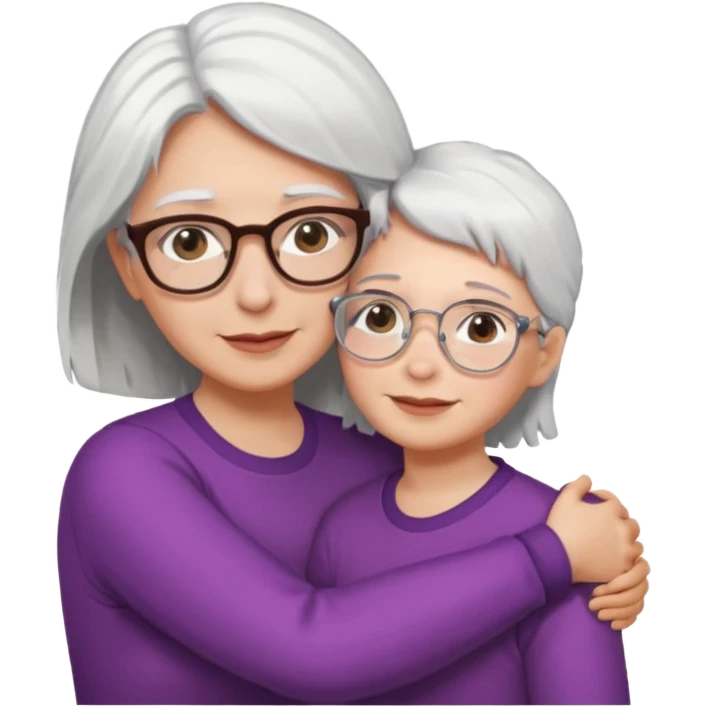 Abrazo de Madre con pelo blanco y gafas y hija con pelo morena sin gafas emoji