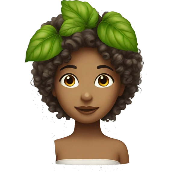 A girl with curly hair and a leaf of basil in her hair emoji
