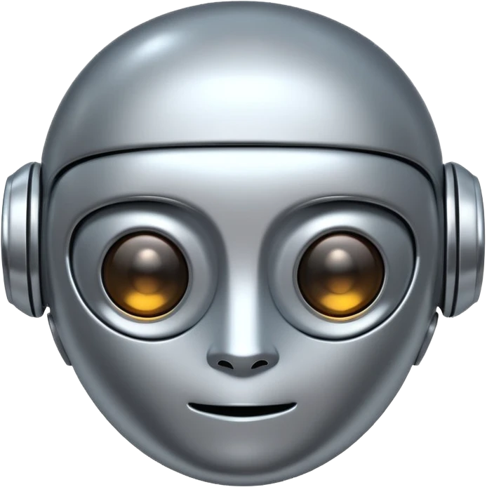 A cute futuristic robot emoji made of silver chrome, rounded friendly body, minimal facial features, glossy metallic surface, soft reflections, iOS emoji style, centered, clean white background emoji