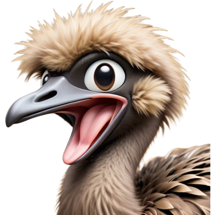 Cinematic Cute Yawning Emu Portrait Emoji, Head tilted slightly with a dramatic, wide-open yawn, showcasing a soft, downy brown plumage with gently drooping feathers and eyes barely open in drowsy contentment, Simplified yet irresistibly adorable features, highly detailed, glowing with a soft, cozy glow, high shine, relaxed yet expressive, stylized with a touch of outback charm, bright and endearing, soft glowing outline, capturing the essence of a sleepy yet affectionate emu, so drowsy it feels like it could stretch out of the screen and curl up for a nap! emoji