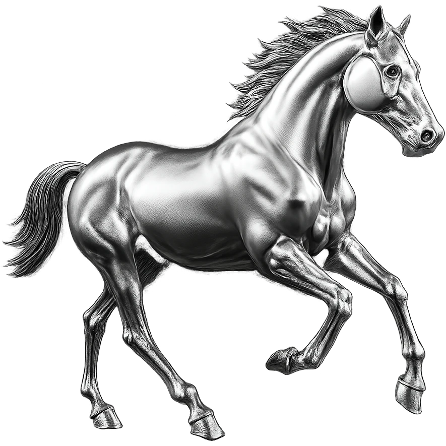 silver metal chrome spirit horse running, highly reflective emoji