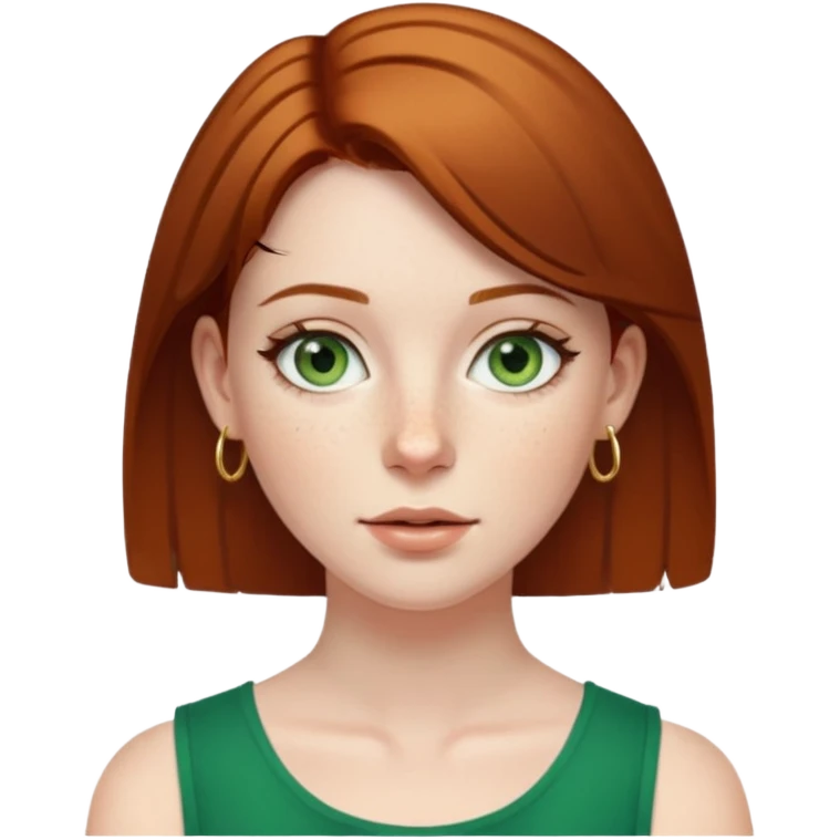 Attractive English woman with a narrow face, pale skin, freckles, short straight amber-brown hair and gold hoop earrings and green eyes emoji