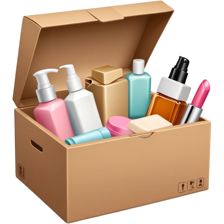 a cardboard box with assorted beauty products like compact, lotion, and nail polish spilling out emoji