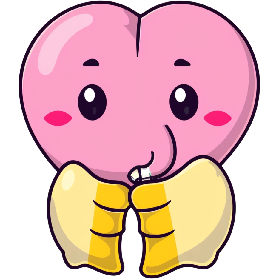 kissing emoji with a yellow bone in its mouth, bone has a pink tip emoji