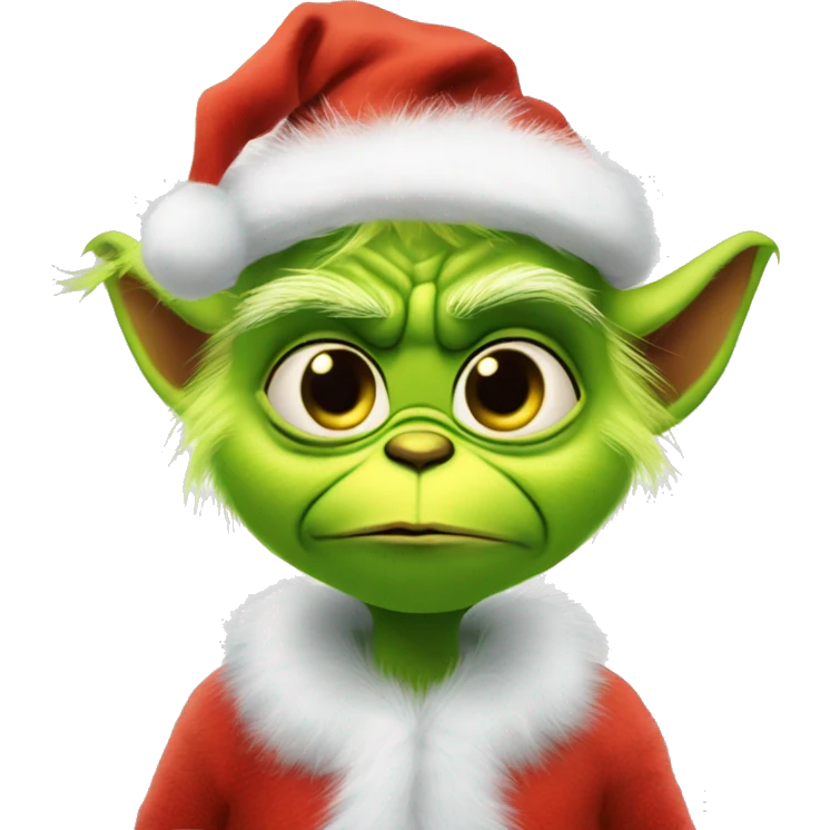 Soft cuddly baby grinch like character with cute expression fuzzy costume and Santa hat emoji