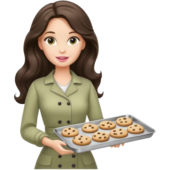 A white Barbie girl with long dark brown wave hair in a pale olive clothes holds a Baking tray with cookies emoji