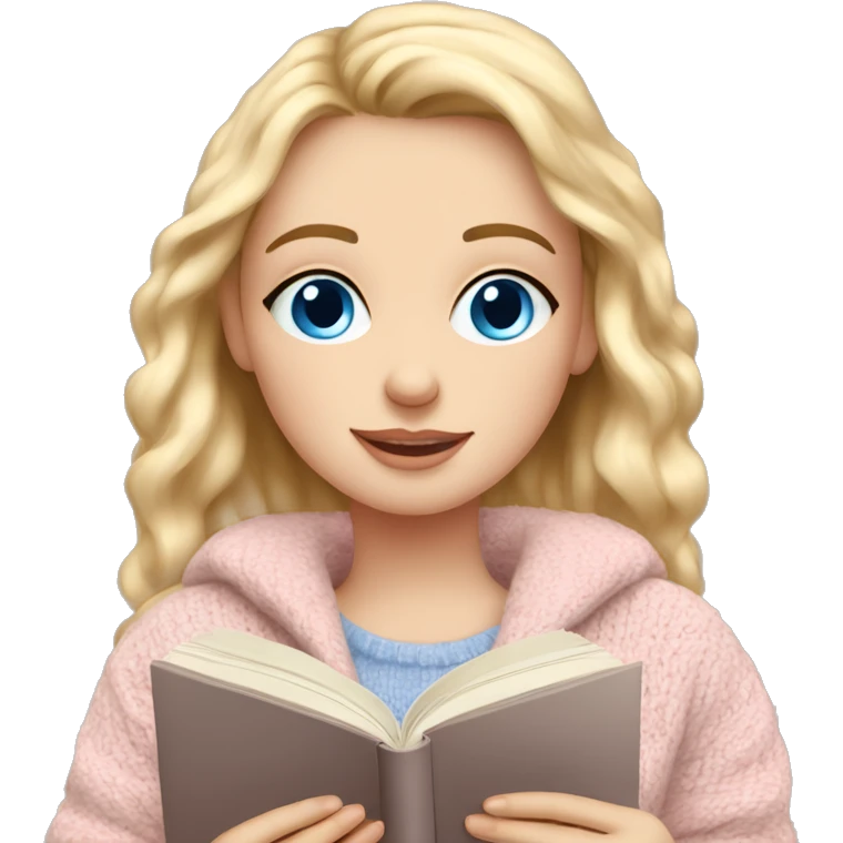 Pretty blue eyed white girl with light pink sweater reading cozy emoji