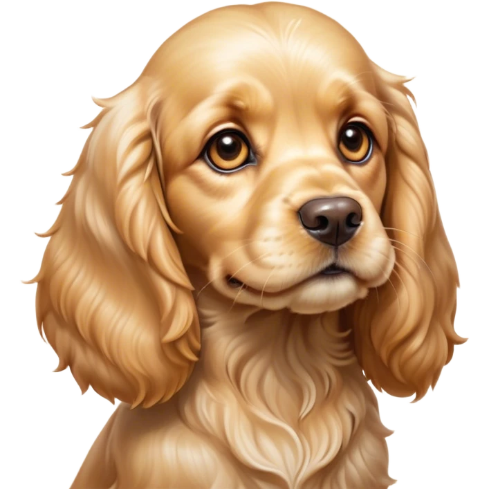 Cinematic Cute Gold Cocker Spaniel Portrait Emoji, Head tilted playfully and inquisitively, showcasing a silky, golden coat with a natural sheen, round, sparkling brown eyes filled with curiosity, Simplified yet irresistibly adorable features, highly detailed, glowing with a warm, friendly glow, high shine, affectionate and lively, stylized with a touch of whimsy, bright and endearing, soft glowing outline, capturing the essence of a mischievous yet loving pup, so playful it feels like it could bound out of the screen and into your arms! emoji