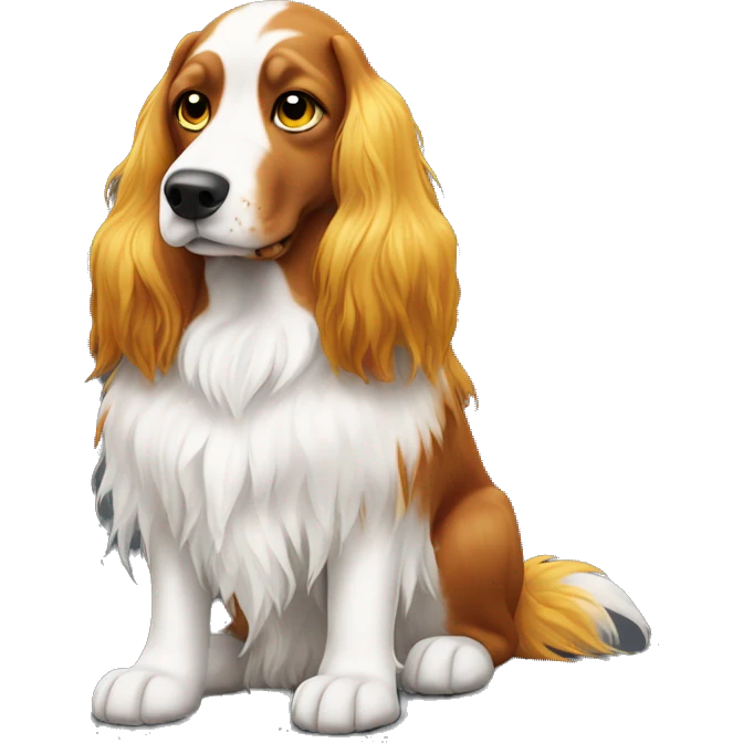 red and white long haired dog with yellow eyes sitting emoji