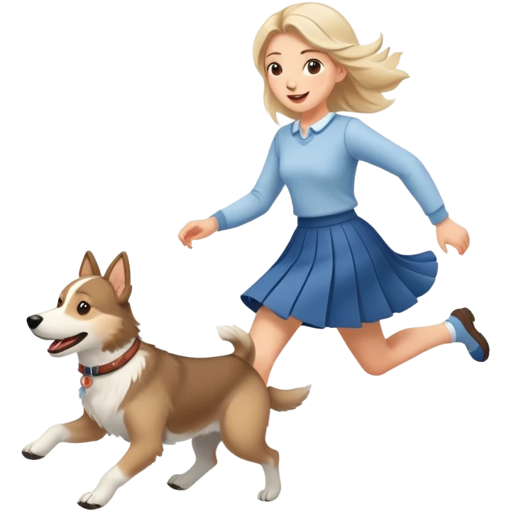 A beautiful girl with fair skin wearing a skirt happily chases the Alaskan dog emoji