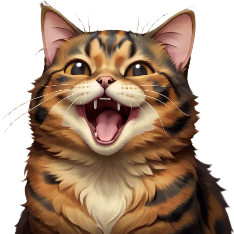 Cinematic Cute Yawning Tortoiseshell Cat Portrait Emoji, Head slightly tilted with a wide, adorable yawn and half-closed, dreamy eyes, featuring a warm, mottled fur of rich browns and blacks, simplified yet irresistibly cute, highly detailed, glowing with a soft, slumbering radiance, high shine, exuding a relaxed, drowsy charm, styled with a gentle, soft glowing outline, capturing the essence of a tortoiseshell cat in a precious moment of sleepy delight! emoji