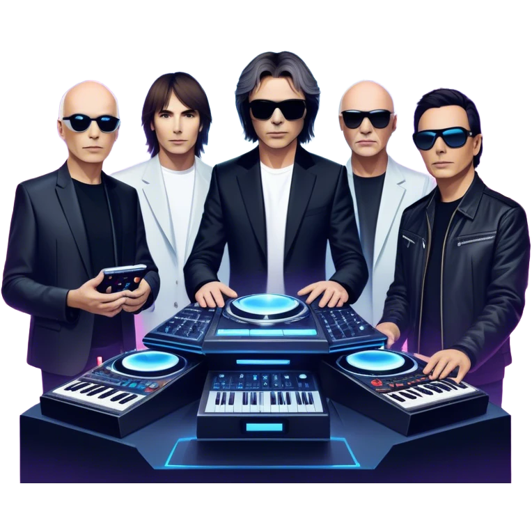 Icon for Electronic Music: Jean-Michel Jarre, Moby, DJ Tiesto, and Jorn van Deynhoven performing with synthesizers, turntables, and futuristic lighting effects. The design should evoke the vibrant and immersive atmosphere of electronic music festivals. Transparent background. emoji