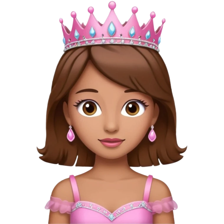 A pretty princess emoji with eye lashes, tan skin and brown hair with a pink dress and tiara  emoji