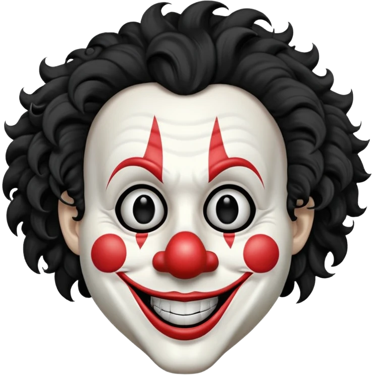 generate white clown mask emoji with a big curly black hair 

wide black coloured smile, no red nose but instead long and pointy white nose with no nostrils, pitch black eyes with no pupils, no brows emoji