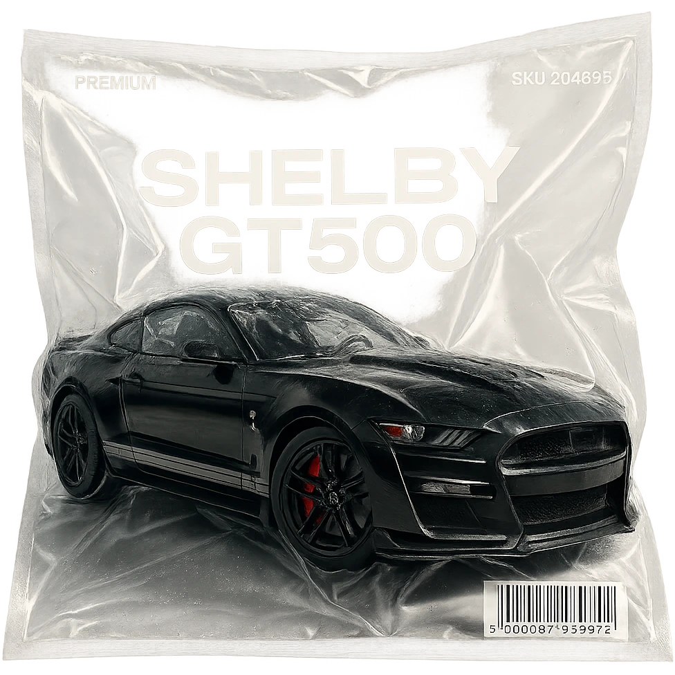 black Shelby Mustang GT 500, vacuum-sealed in clear plastic emoji