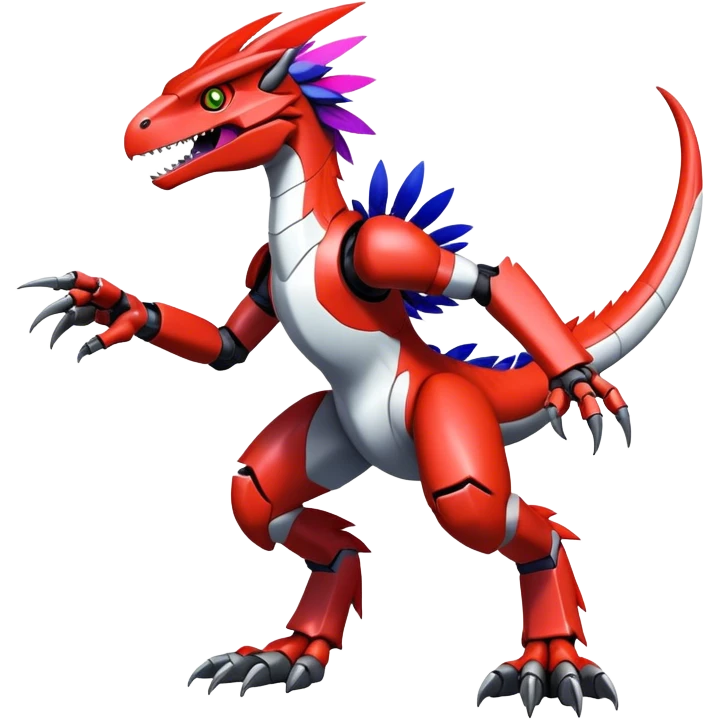 Furry feather-mane Cool Edgy Futuristic shiny colorful Digimon-Fakemon-Guilmon-Velociraptor-Mecha full body   emoji